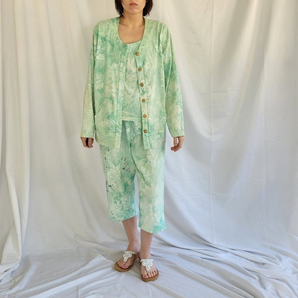 90s Green and White Tie‎ Dye 3 Piece Cotton Set